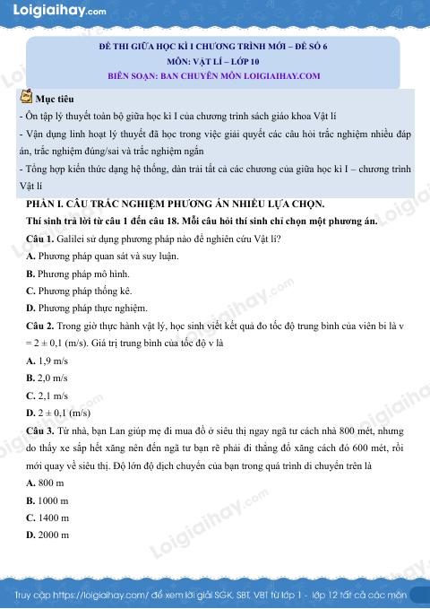 Đề thi giữa học kì 1 Vật lí 10 Kết nối tri thức - Đề số 6